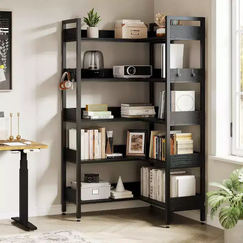 Garvee Libreria Angolare a 5 Ripiani con Ganci, Scaffale in Legno con Ripiani Aperti e Telaio in Metallo per Ufficio Domestico