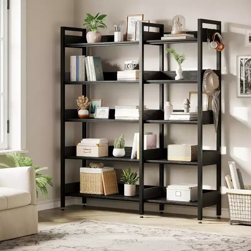 Garvee Libreria Angolare a 5 Ripiani con Ganci, Scaffale in Legno con Ripiani Aperti e Telaio in Metallo per Ufficio Domestico