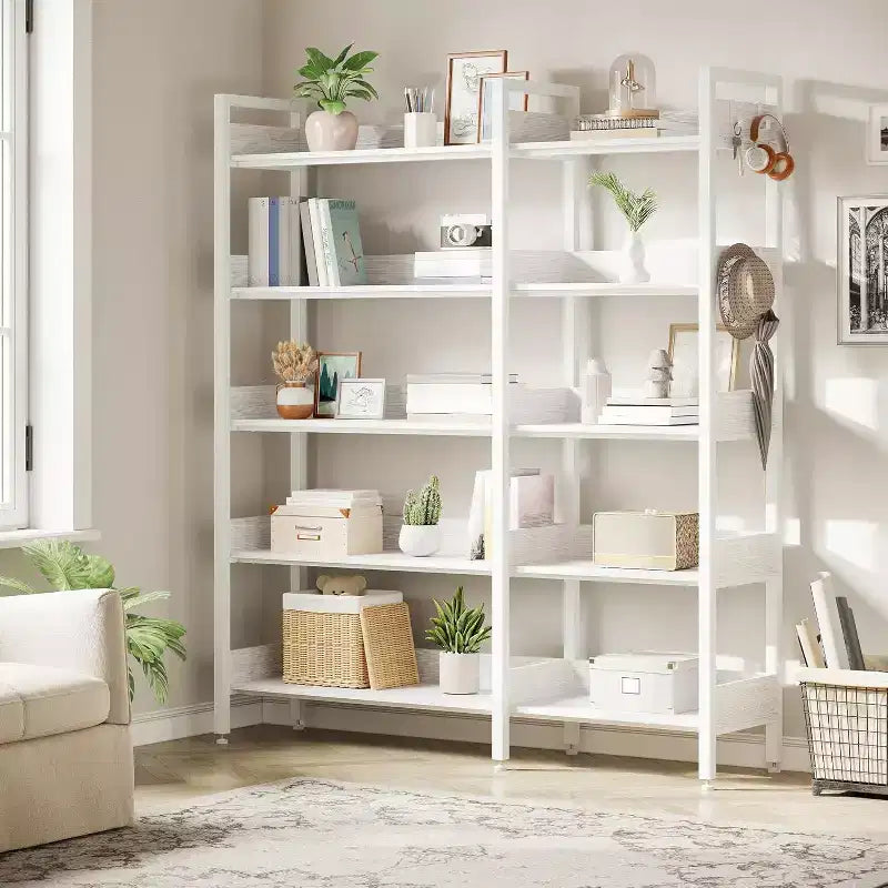 Garvee Libreria Angolare a 5 Ripiani con Ganci, Scaffale in Legno con Ripiani Aperti e Telaio in Metallo per Ufficio Domestico