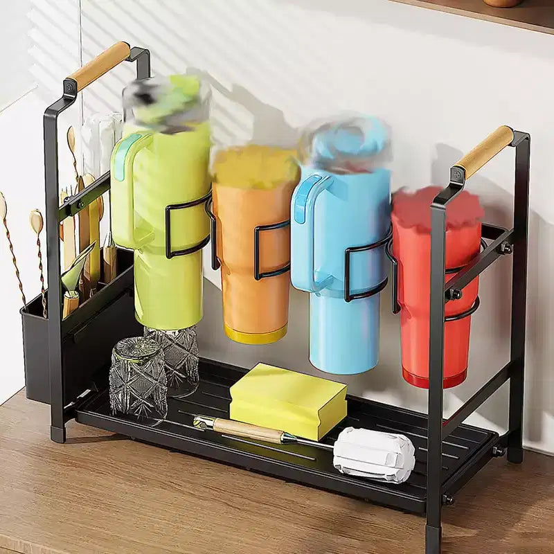 Portabottiglie organizer, portaoggetti per bottiglie d'acqua a doppio strato, portabicchieri in acciaio al carbonio con vassoio per ripiani da cucina