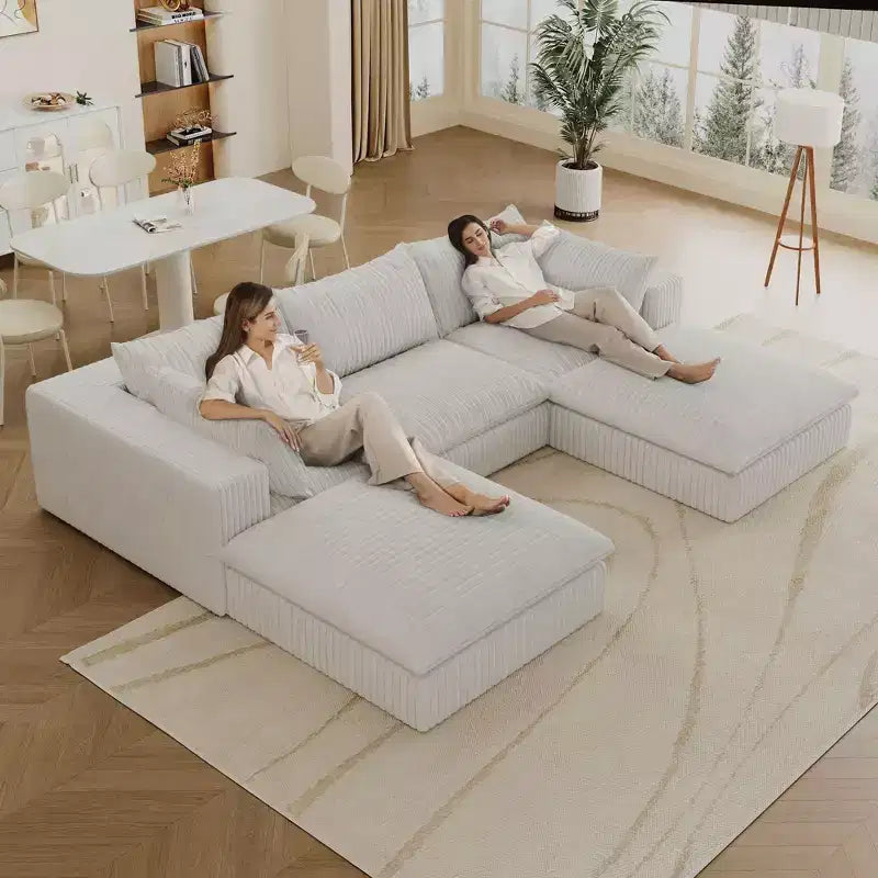 118.2 Divano Componibile a Nuvola in Tessuto di Velluto a Coste Blu Fai-da-te Divani con Seduta Profonda con 2 Pouf Design a Doppio Strato Cuscino Rimovibile Nessun Assemblaggio