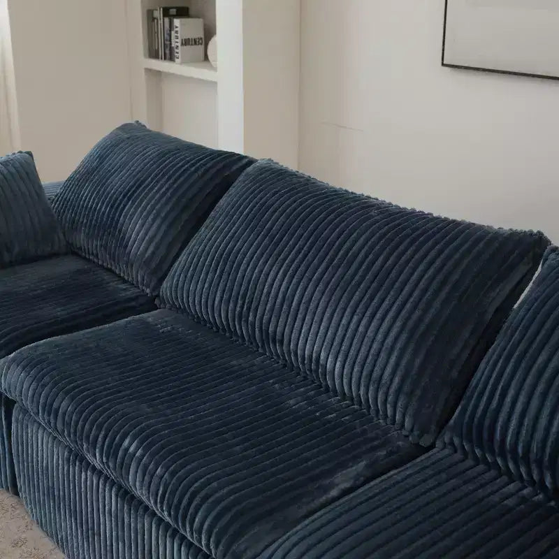 118.2 Divano Componibile a Nuvola in Tessuto di Velluto a Coste Blu Fai-da-te Divani con Seduta Profonda con 2 Pouf Design a Doppio Strato Cuscino Rimovibile Nessun Assemblaggio