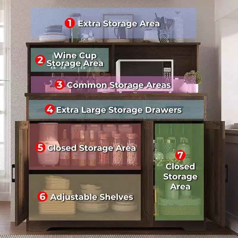 Credenza a Buffet in Stile Rustico con Porta Microonde, Armadio Contenitore con Ante a Stalla, Cassetti e Ripiani Regolabili, Mobile Bar per Caffè in Legno