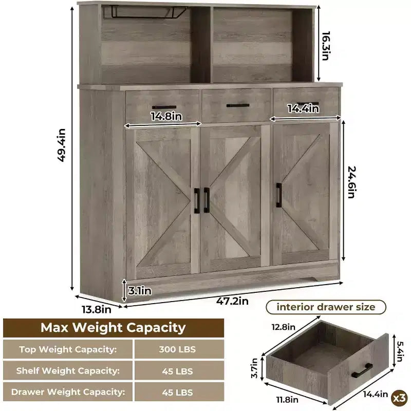 Credenza a Buffet in Stile Rustico con Porta Microonde, Armadio Contenitore con Ante a Stalla, Cassetti e Ripiani Regolabili, Mobile Bar per Caffè in Legno