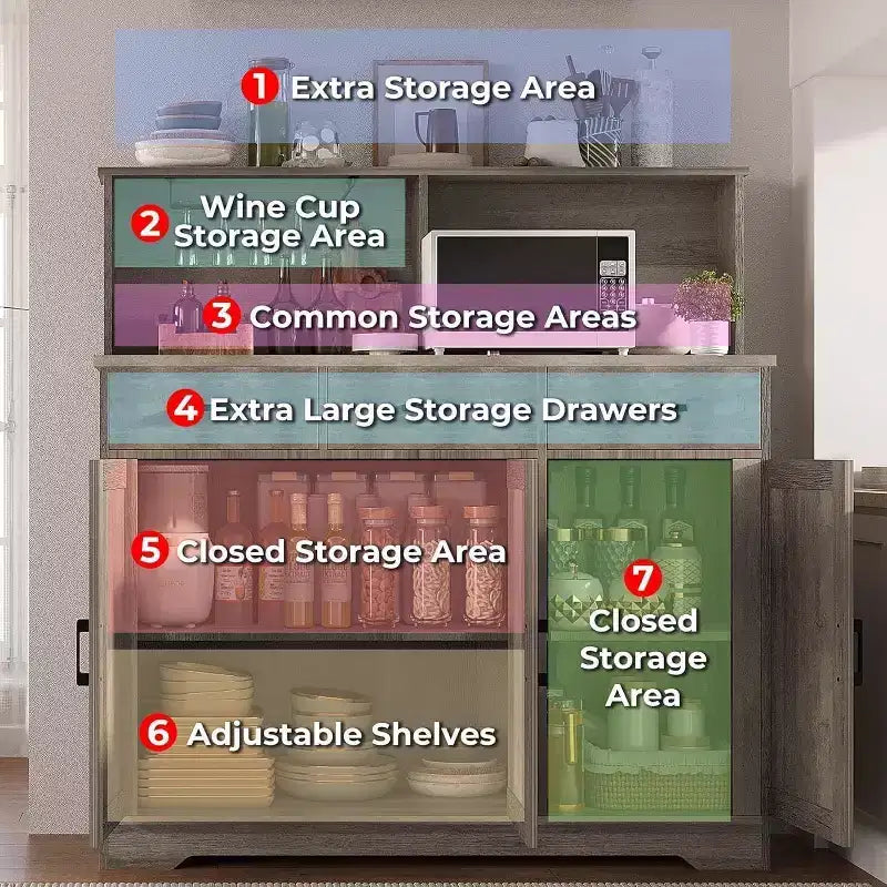 Credenza a Buffet in Stile Rustico con Porta Microonde, Armadio Contenitore con Ante a Stalla, Cassetti e Ripiani Regolabili, Mobile Bar per Caffè in Legno