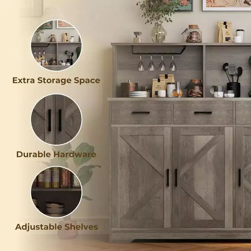 Credenza a Buffet in Stile Rustico con Porta Microonde, Armadio Contenitore con Ante a Stalla, Cassetti e Ripiani Regolabili, Mobile Bar per Caffè in Legno