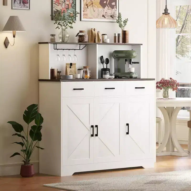Credenza a Buffet in Stile Rustico con Porta Microonde, Armadio Contenitore con Ante a Stalla, Cassetti e Ripiani Regolabili, Mobile Bar per Caffè in Legno