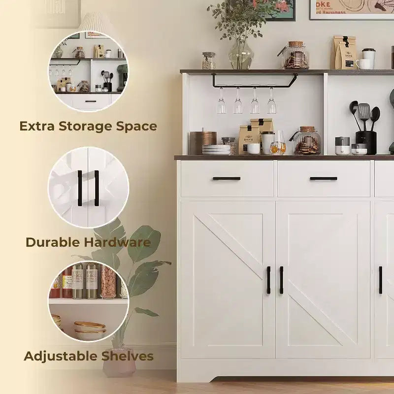 Credenza a Buffet in Stile Rustico con Porta Microonde, Armadio Contenitore con Ante a Stalla, Cassetti e Ripiani Regolabili, Mobile Bar per Caffè in Legno