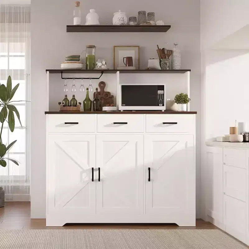 Credenza a Buffet in Stile Rustico con Porta Microonde, Armadio Contenitore con Ante a Stalla, Cassetti e Ripiani Regolabili, Mobile Bar per Caffè in Legno