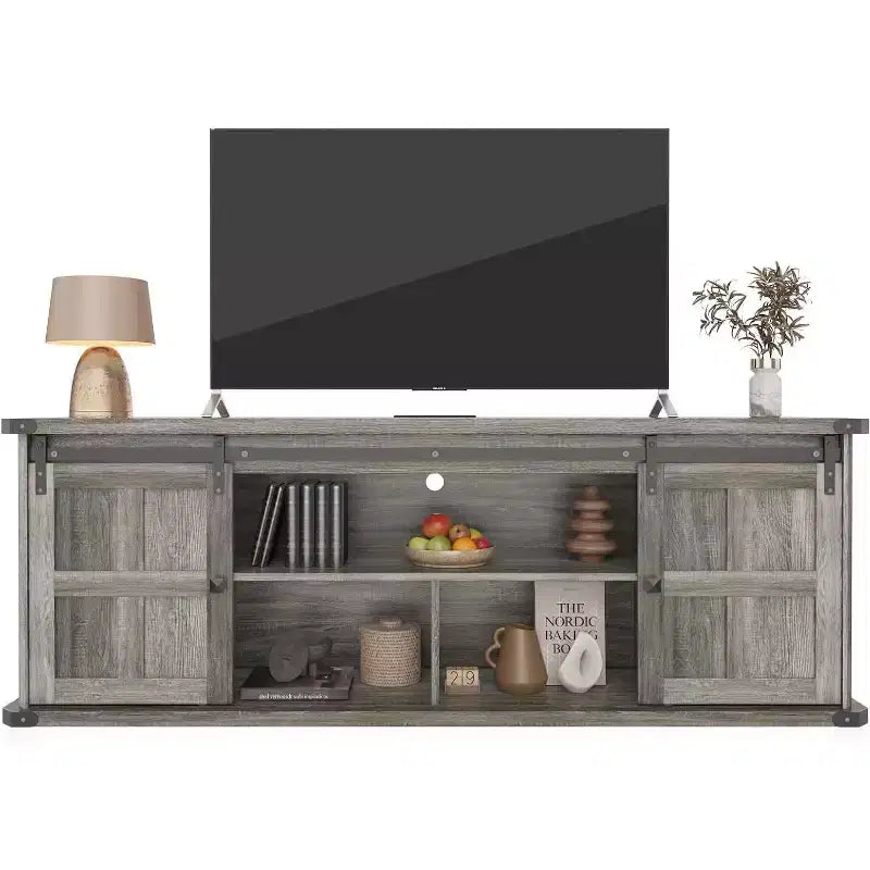 TROPOW Mobile TV 70 per TV da 75 pollici, mobile TV stile rustico con ante scorrevoli a persiana e armadietti, mobile TV moderno con console multimediale