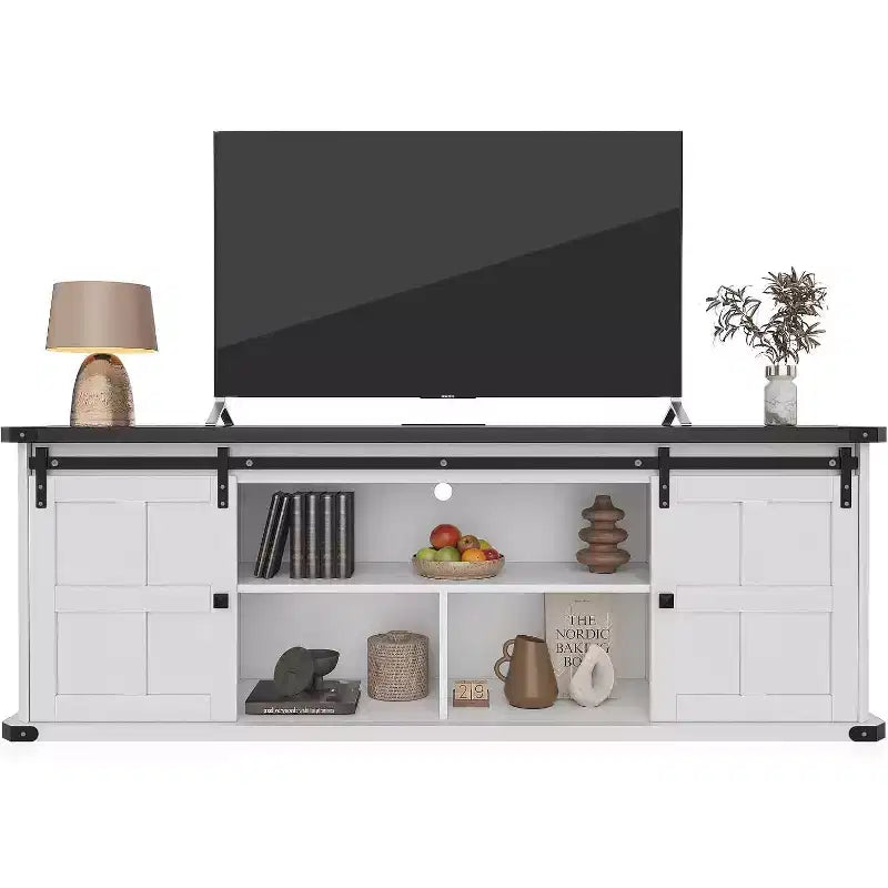 TROPOW Mobile TV 70 per TV da 75 pollici, mobile TV stile rustico con ante scorrevoli a persiana e armadietti, mobile TV moderno con console multimediale