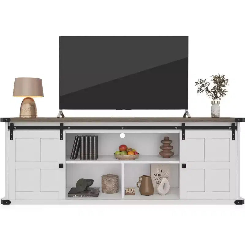 TROPOW Mobile TV 70 per TV da 75 pollici, mobile TV stile rustico con ante scorrevoli a persiana e armadietti, mobile TV moderno con console multimediale