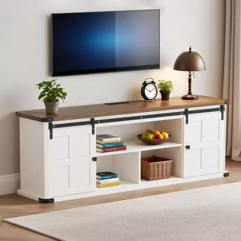 TROPOW Mobile TV 70 per TV da 75 pollici, mobile TV stile rustico con ante scorrevoli a persiana e armadietti, mobile TV moderno con console multimediale