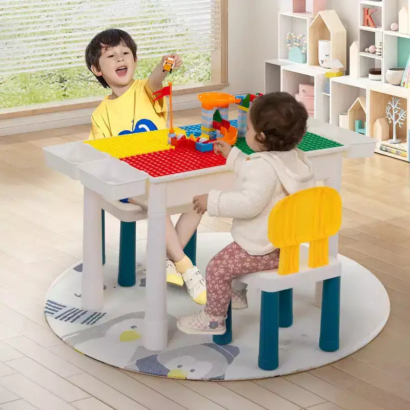 Set tavolo attività per bambini Sandinrayli con 2 sedie e 100 mattoncini grandi, compatibile con mattoncini classici, tavolo acqua/sabbia e mattoncini da costruzione per bambini piccoli (Primario)