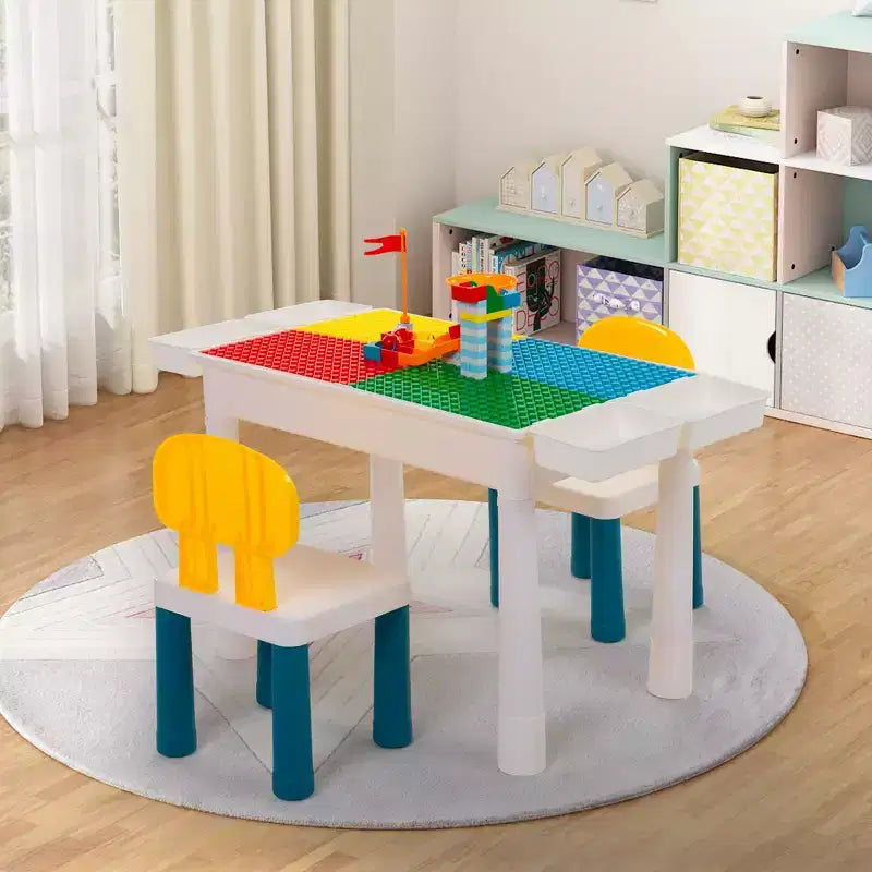 Set tavolo attività per bambini Sandinrayli con 2 sedie e 100 mattoncini grandi, compatibile con mattoncini classici, tavolo acqua/sabbia e mattoncini da costruzione per bambini piccoli (Primario)