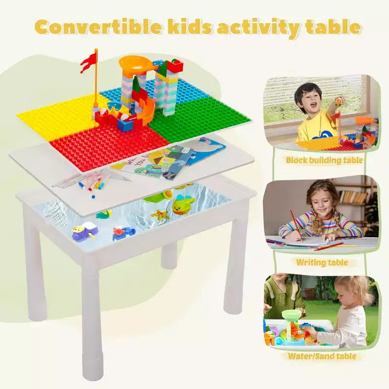 Set tavolo attività per bambini Sandinrayli con 2 sedie e 100 mattoncini grandi, compatibile con mattoncini classici, tavolo acqua/sabbia e mattoncini da costruzione per bambini piccoli (Primario)