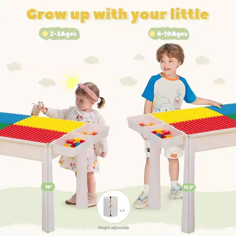 Set tavolo attività per bambini Sandinrayli con 2 sedie e 100 mattoncini grandi, compatibile con mattoncini classici, tavolo acqua/sabbia e mattoncini da costruzione per bambini piccoli (Primario)