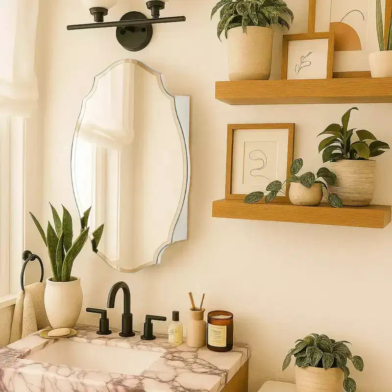 TEHOME Armadietto dei medicinali a montaggio superficiale con specchio, senza cornice, irregolare, ad arco, con bordo smussato, 20 pollici L x 30 pollici A, novità/specialità