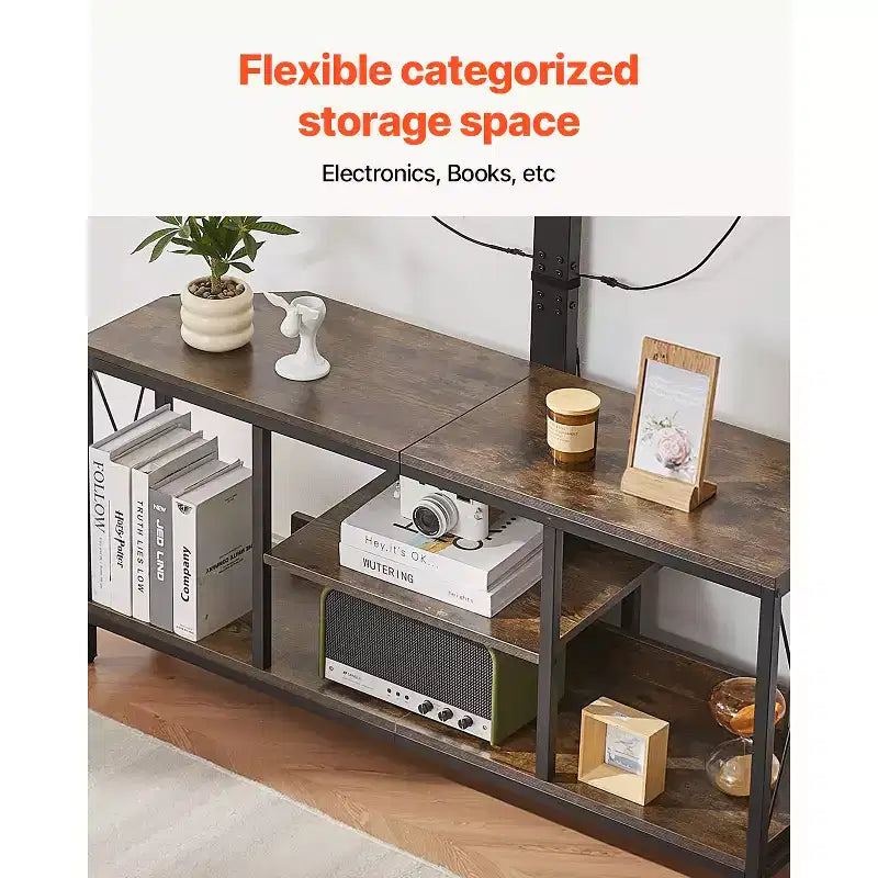VEVOR Mobile TV 45 con Supporto per TV fino a 75 Pollici, Centro di Intrattenimento con Presa di Corrente, Console TV Regolabile in Altezza, Marrone