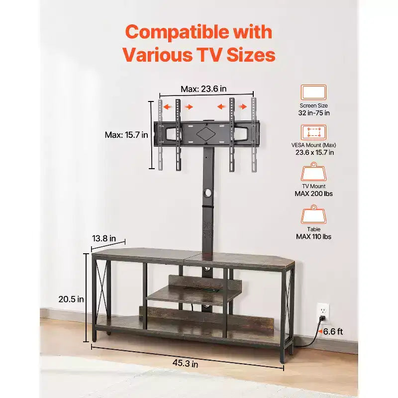 VEVOR Mobile TV 45 con Supporto per TV fino a 75 Pollici, Centro di Intrattenimento con Presa di Corrente, Console TV Regolabile in Altezza, Marrone