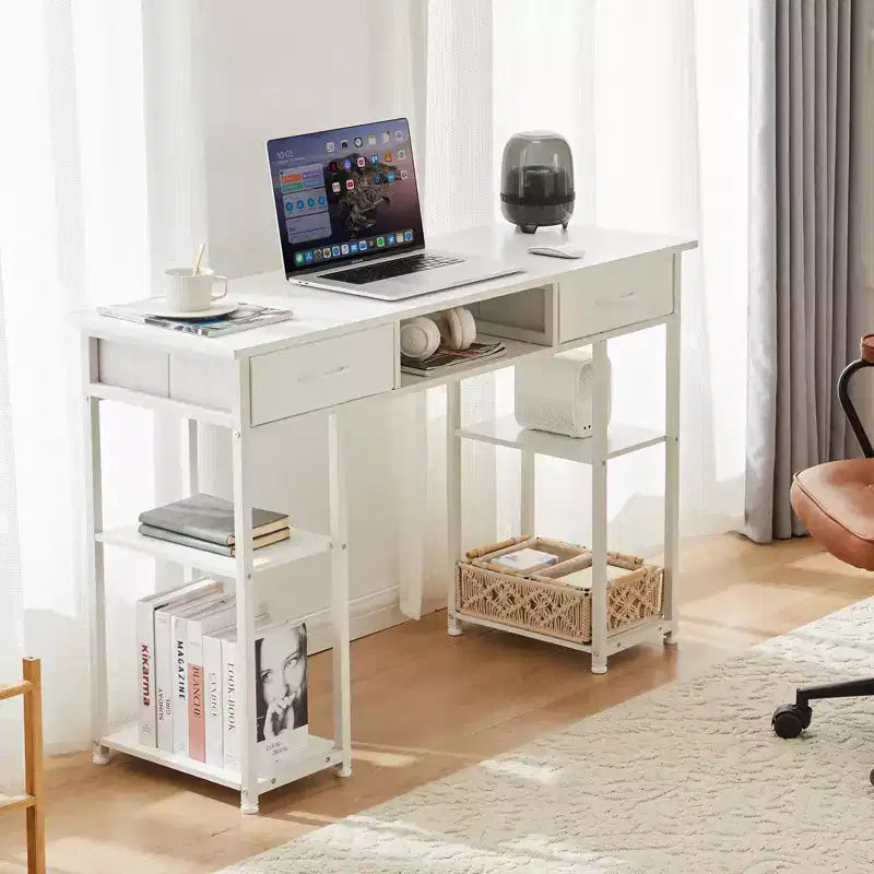 Scrivania per Computer con Ripiani, Piccolo Tavolo da Studio/Ufficio per PC con Borsa Laterale in Tessuto e Gancio per Cuffie, Struttura in Metallo (47.24 x 15.75 x 30.59)