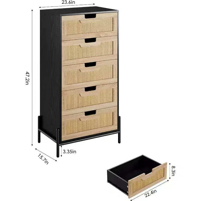 Cassettiera a 5 cassetti in rattan naturale, Cassettiera in legno, Armadietto contenitore rustico con gambe in metallo, Cassettiera moderna per camera da letto, soggiorno