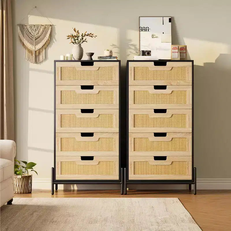 Cassettiera a 5 cassetti in rattan naturale, Cassettiera in legno, Armadietto contenitore rustico con gambe in metallo, Cassettiera moderna per camera da letto, soggiorno