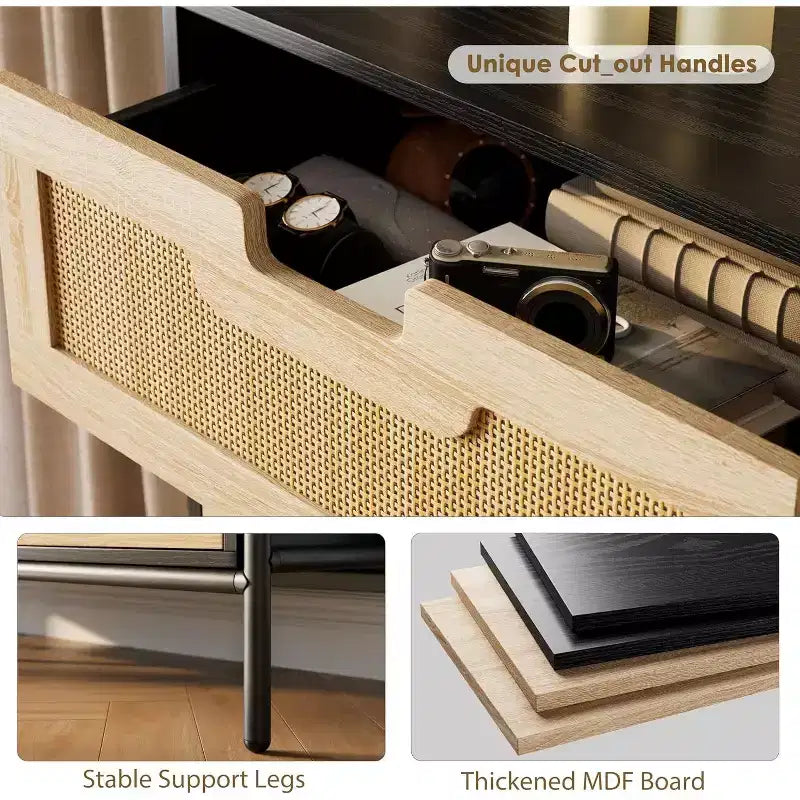 Cassettiera a 5 cassetti in rattan naturale, Cassettiera in legno, Armadietto contenitore rustico con gambe in metallo, Cassettiera moderna per camera da letto, soggiorno