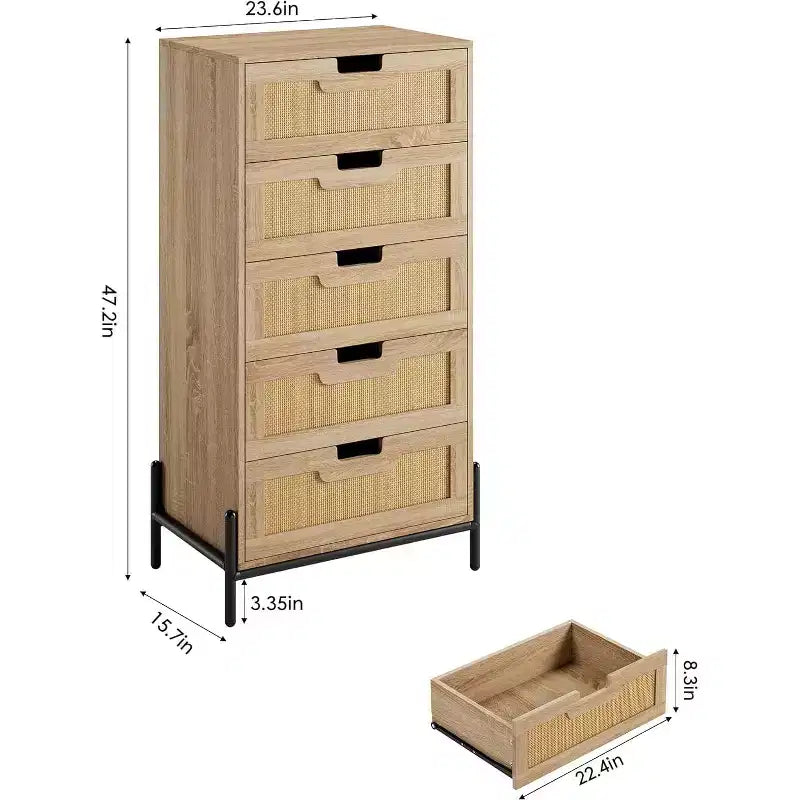Cassettiera a 5 cassetti in rattan naturale, Cassettiera in legno, Armadietto contenitore rustico con gambe in metallo, Cassettiera moderna per camera da letto, soggiorno