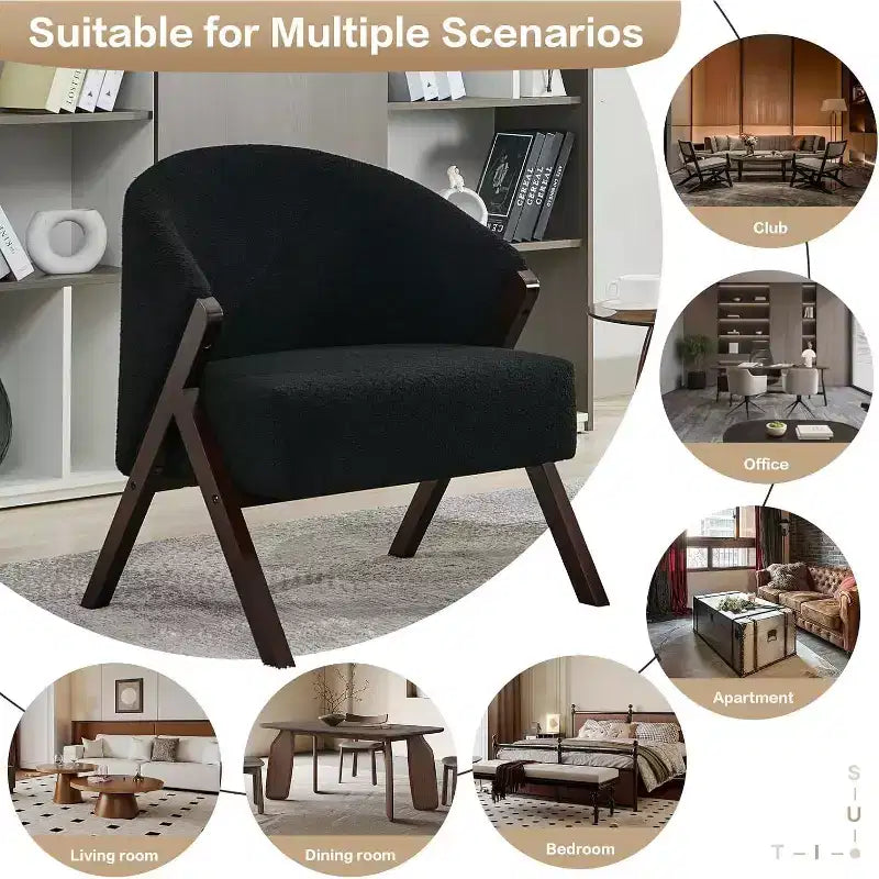 Poltrona d'accento Mid-Century, velluto Teddy, lino, pelle PU con struttura in legno, 1 pz