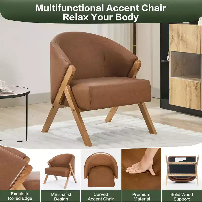 Poltrona d'accento Mid-Century, velluto Teddy, lino, pelle PU con struttura in legno, 1 pz