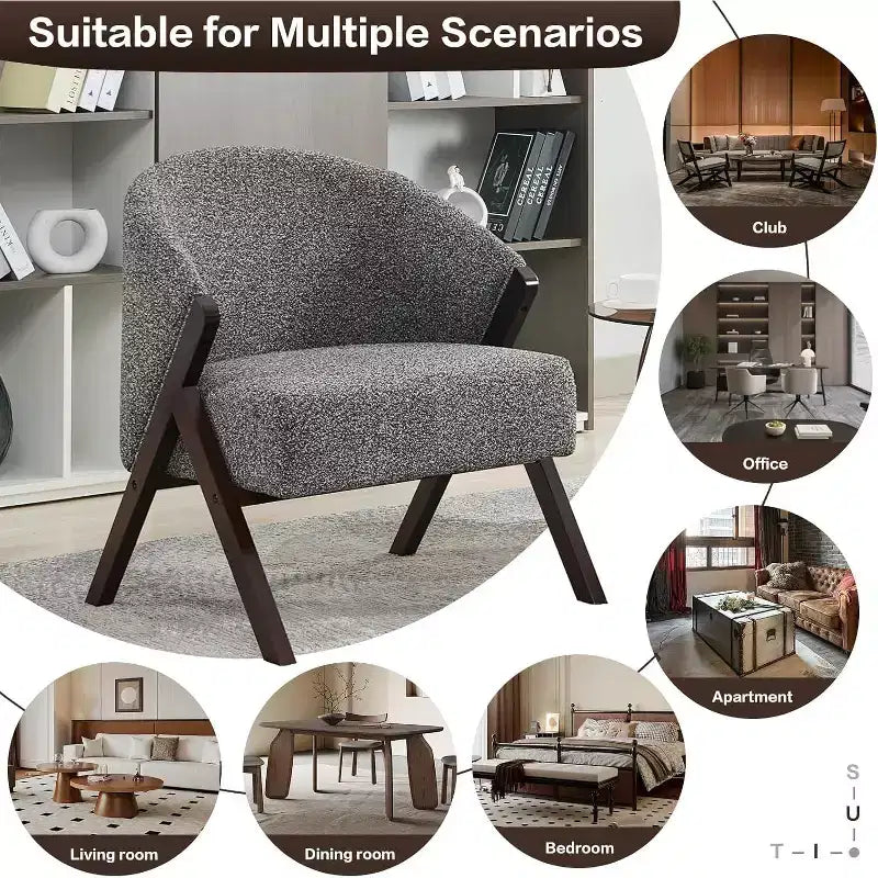 Poltrona d'accento Mid-Century, velluto Teddy, lino, pelle PU con struttura in legno, 1 pz