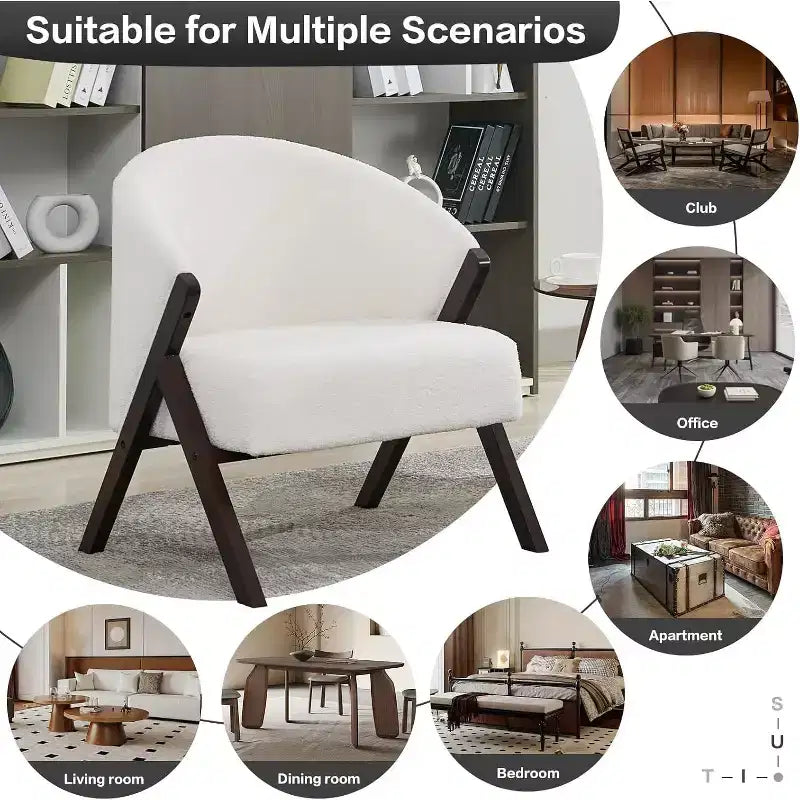 Poltrona d'accento Mid-Century, velluto Teddy, lino, pelle PU con struttura in legno, 1 pz