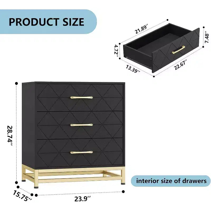 Cassettiera per camera da letto con 3 cassetti, cassettiera moderna, con cassetti ampi e maniglie in metallo, cassettiera in legno