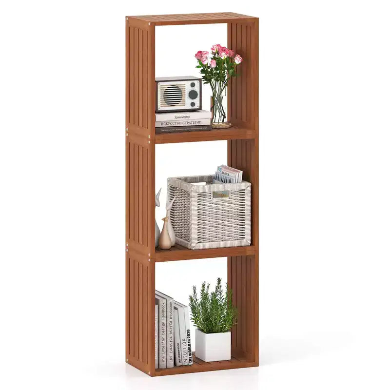 Costway 1/2 PCS 3 Cube Storage Organizers Stackable Bookcase Shelves for Small Spaces Teak