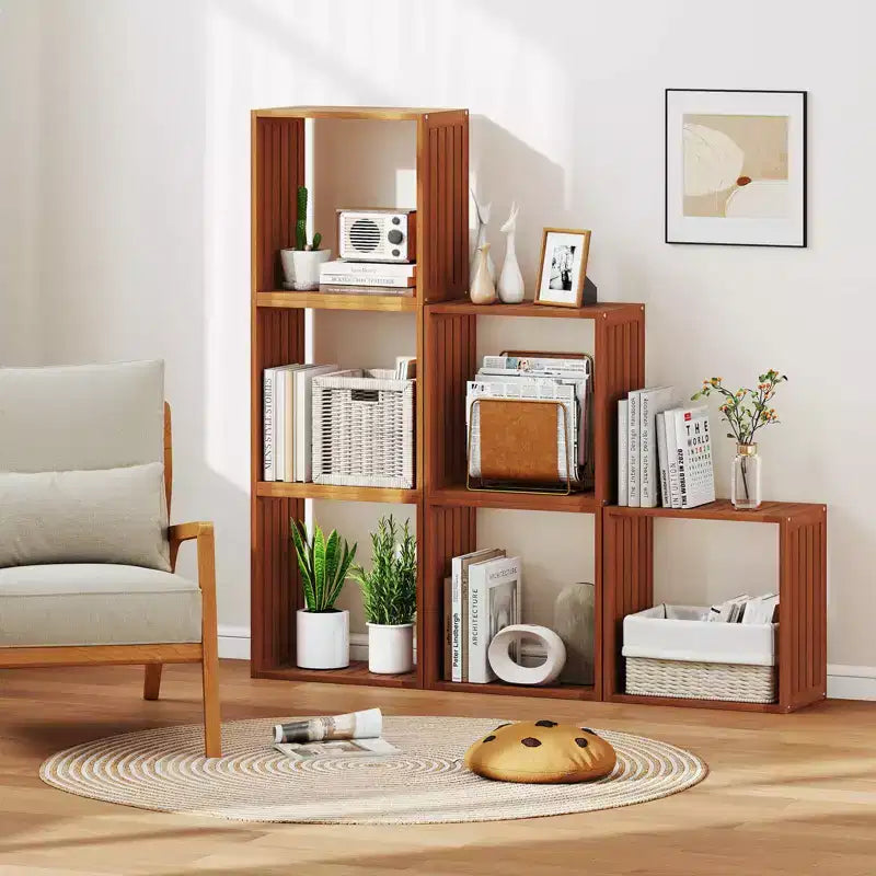 Costway 1/2 PEZZI Organizzatori di Stoccaggio a 3 Cubi Librerie Impilabili per Piccoli Spazi Teak