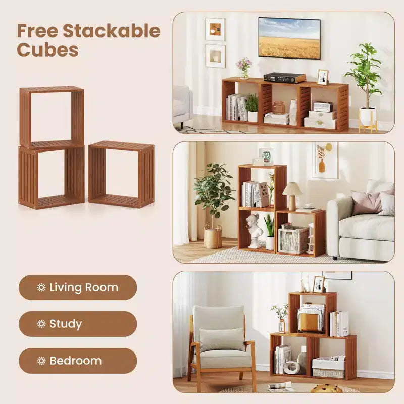 Costway 1/2 PEZZI Organizzatori di Stoccaggio a 3 Cubi Librerie Impilabili per Piccoli Spazi Teak