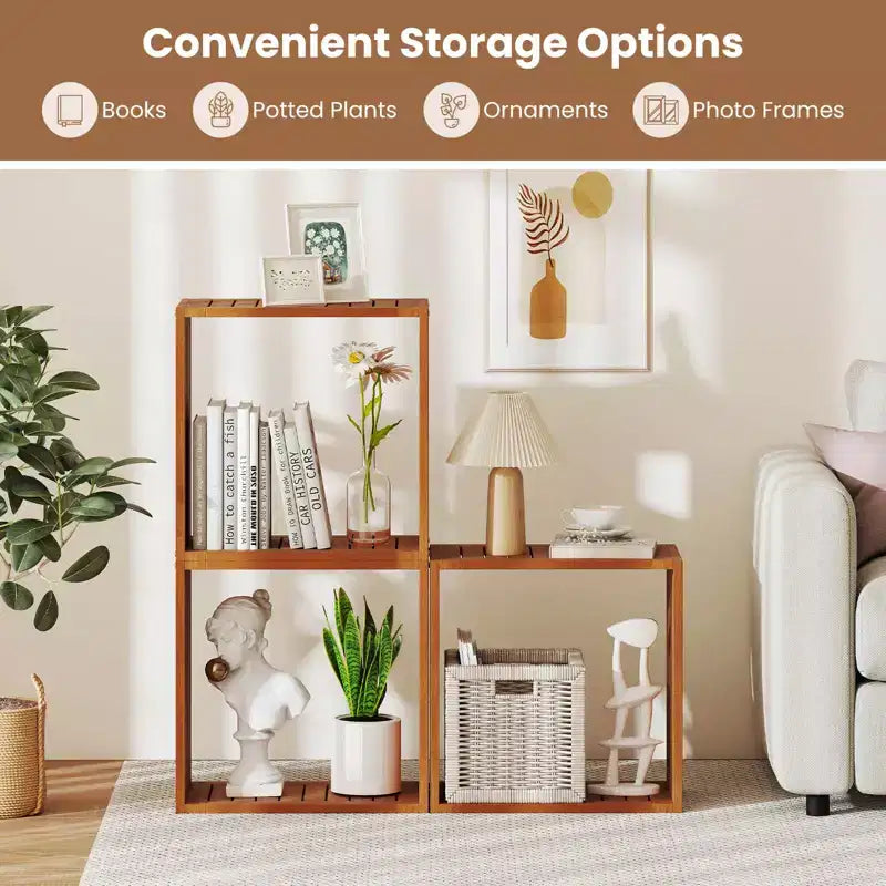 Costway 1/2 PEZZI Organizzatori di Stoccaggio a 3 Cubi Librerie Impilabili per Piccoli Spazi Teak