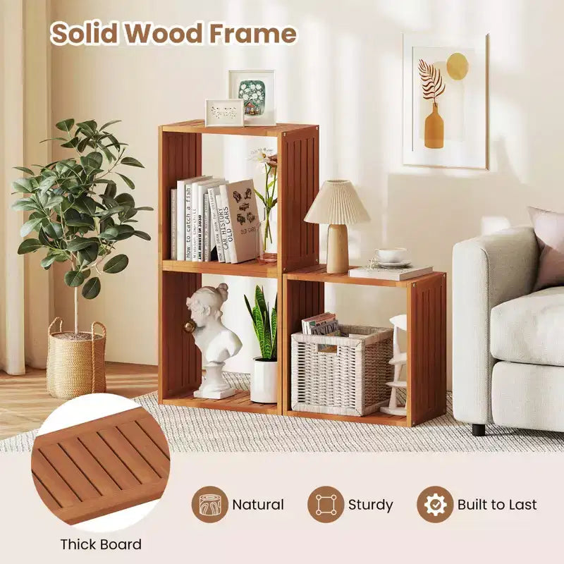 Costway 1/2 PEZZI Organizzatori di Stoccaggio a 3 Cubi Librerie Impilabili per Piccoli Spazi Teak