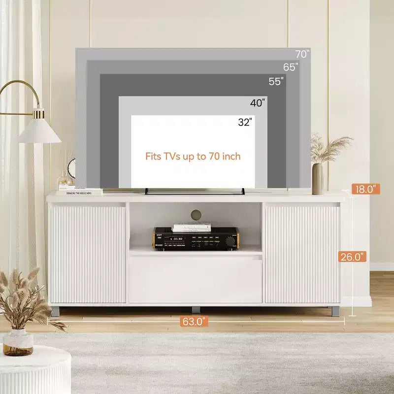 Mobile TV Moderno Scanalato, per TV da 60/65/70 pollici, Centro di Intrattenimento TV con Cassetto, 2 Armadietti e Ripiano Aperto, per Soggiorno, Camera da Letto