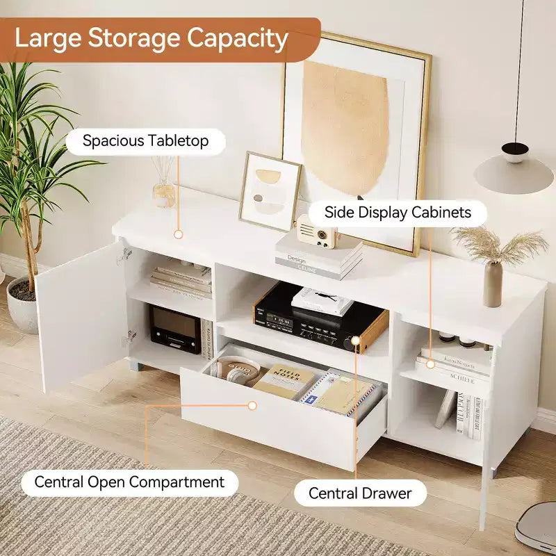 Mobile TV Moderno Scanalato, per TV da 60/65/70 pollici, Centro di Intrattenimento TV con Cassetto, 2 Armadietti e Ripiano Aperto, per Soggiorno, Camera da Letto