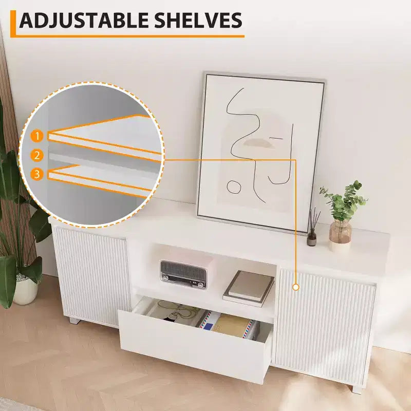 Mobile TV Moderno Scanalato, per TV da 60/65/70 pollici, Centro di Intrattenimento TV con Cassetto, 2 Armadietti e Ripiano Aperto, per Soggiorno, Camera da Letto