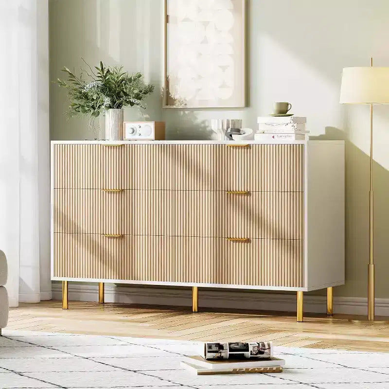 Comò moderno a 6 cassetti per camera da letto con maniglie dorate e cassetti grandi, cassettiera doppia in legno e organizer per la casa