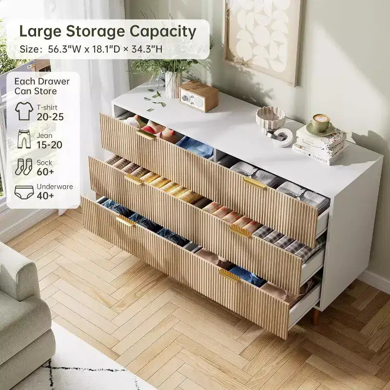 Comò moderno a 6 cassetti per camera da letto con maniglie dorate e cassetti grandi, cassettiera doppia in legno e organizer per la casa