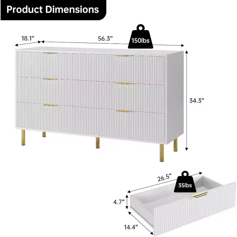 Comò moderno a 6 cassetti per camera da letto con maniglie dorate e cassetti grandi, cassettiera doppia in legno e organizer per la casa