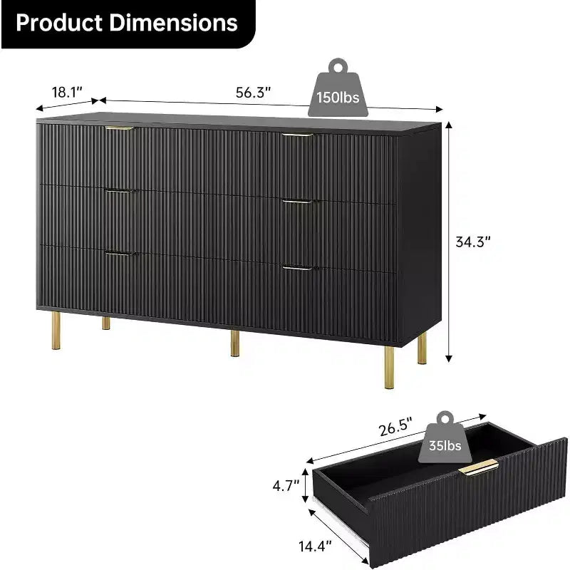 Comò moderno a 6 cassetti per camera da letto con maniglie dorate e cassetti grandi, cassettiera doppia in legno e organizer per la casa