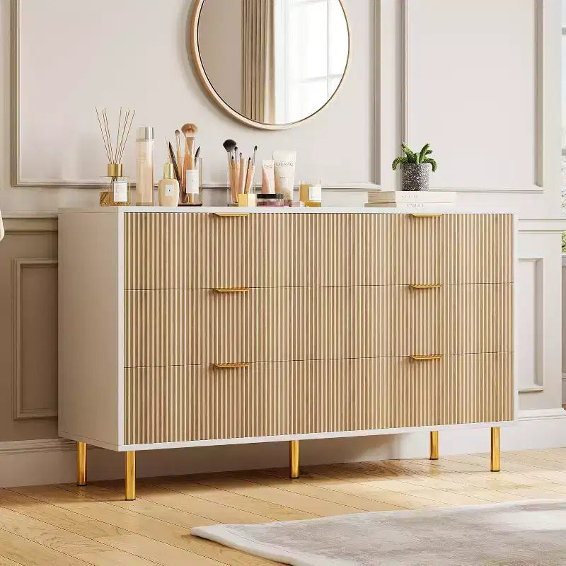 Comò moderno a 6 cassetti per camera da letto con maniglie dorate e cassetti grandi, cassettiera doppia in legno e organizer per la casa