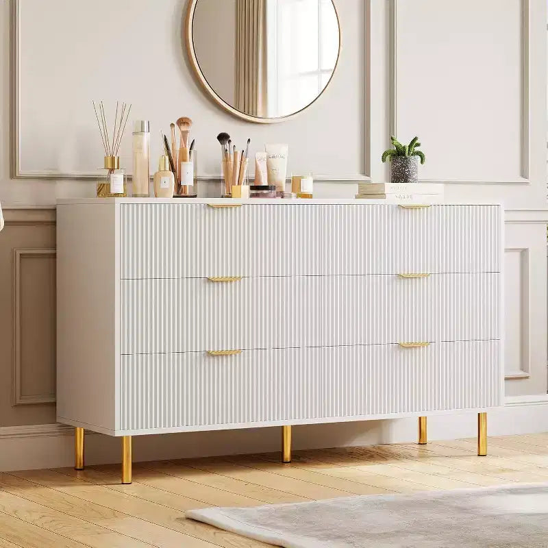 Comò moderno a 6 cassetti per camera da letto con maniglie dorate e cassetti grandi, cassettiera doppia in legno e organizer per la casa