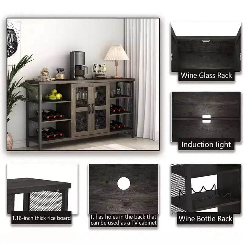 Acekool Mobile Bar Industriale con Portabicchieri, Credenza Multifunzionale per Liquori e Caffè per Sala da Pranzo e Soggiorno