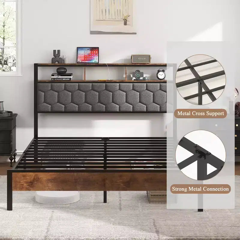 Telaio letto a piattaforma in legno matrimoniale/queen/king size con testiera imbottita, 2 porte USB, ampio contenitore sotto il letto, silenzioso, non necessita di box spring, marrone
